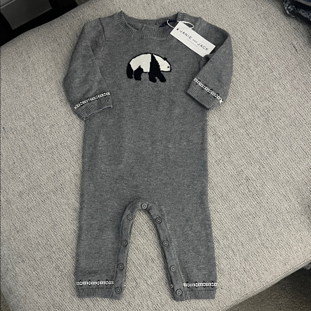 NWT Janie and Jack Gray Panda Knit One Piece